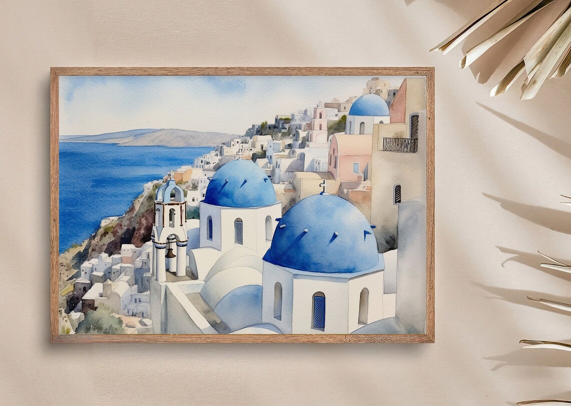 Santorini Watercolor Travel Poster, Greek Coastline - Image 5