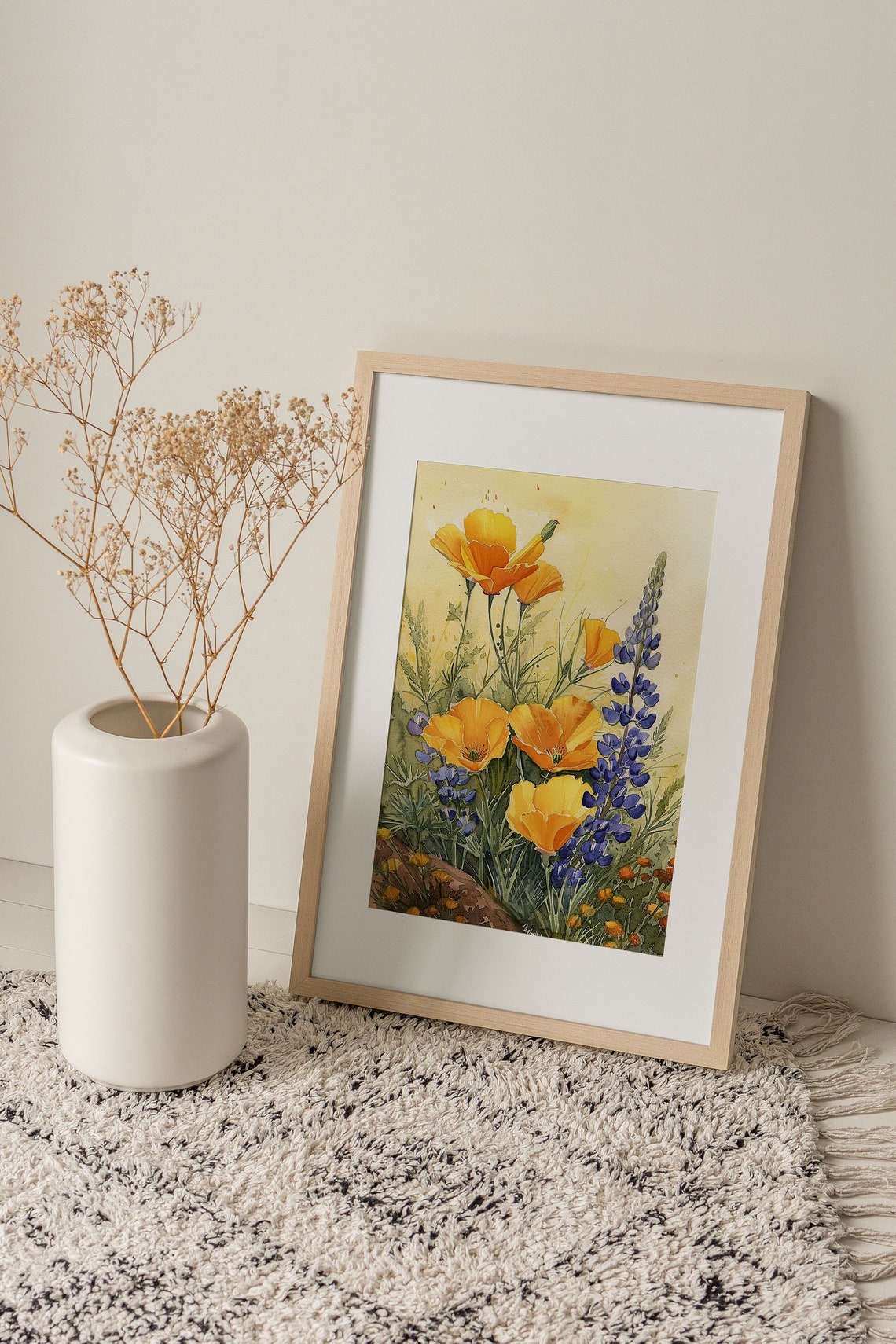 California Poppy Painting Lupine Watercolor Art Print Flower Meadow Wall Art Spring Floral Wall Art Countryside Painting - Image 4