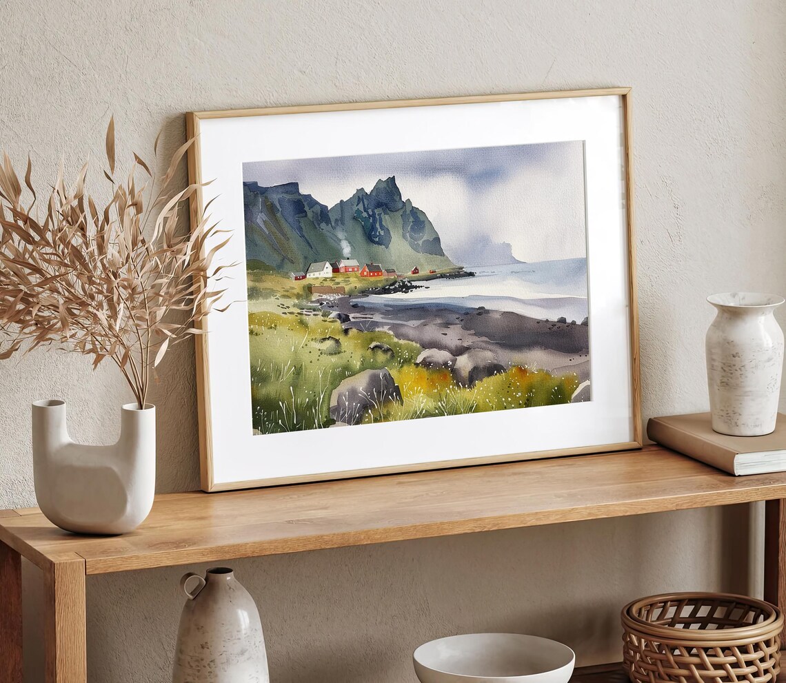 Town of Vik Watercolor Art Print, Iceland Travel Poster - Image 3