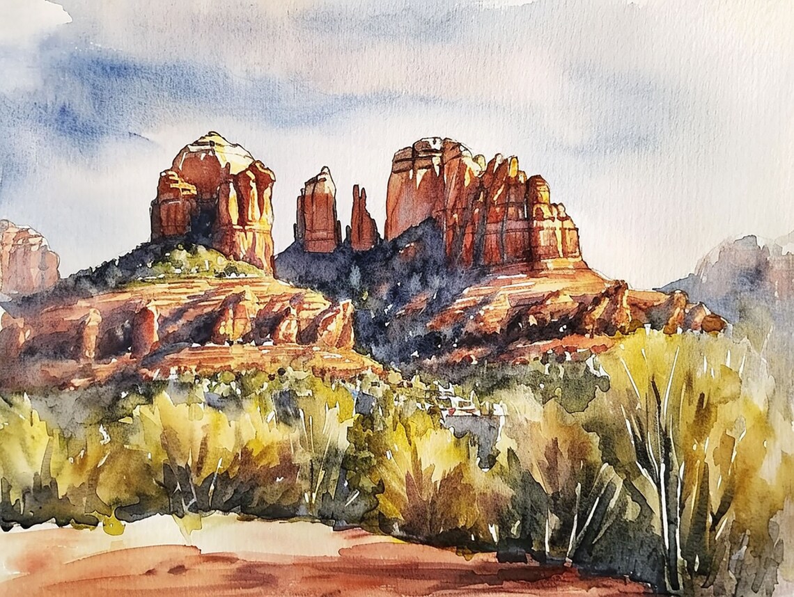 Sedona Arizona Cathedral Rock Watercolor Art Print