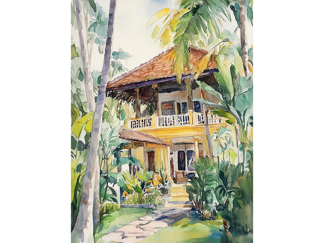 Bali Island Watercolor Travel Poster, Tropical Garden