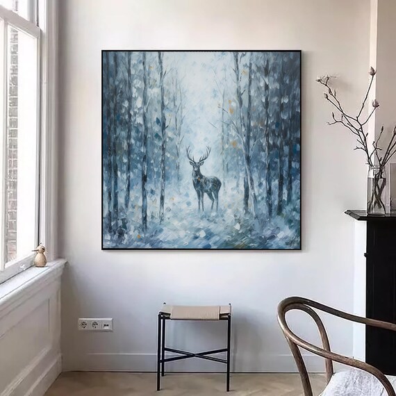 Majestic Stag Blue Winter Snow Forest Oil Painting Vintage Wildlife Poster