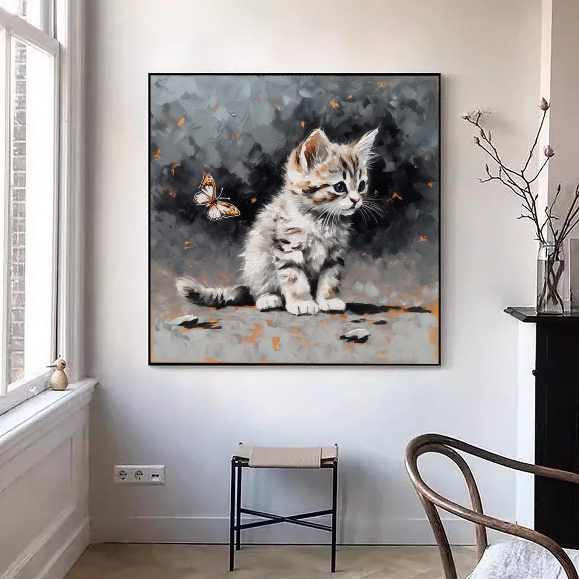 Gray Cat And Butterfly Oil Painting Pet Portrait Oil Impasto Painting Cat Portrait Wall Art Young Cat Pet Animal Painting For Cat Lover Gift - Image 2