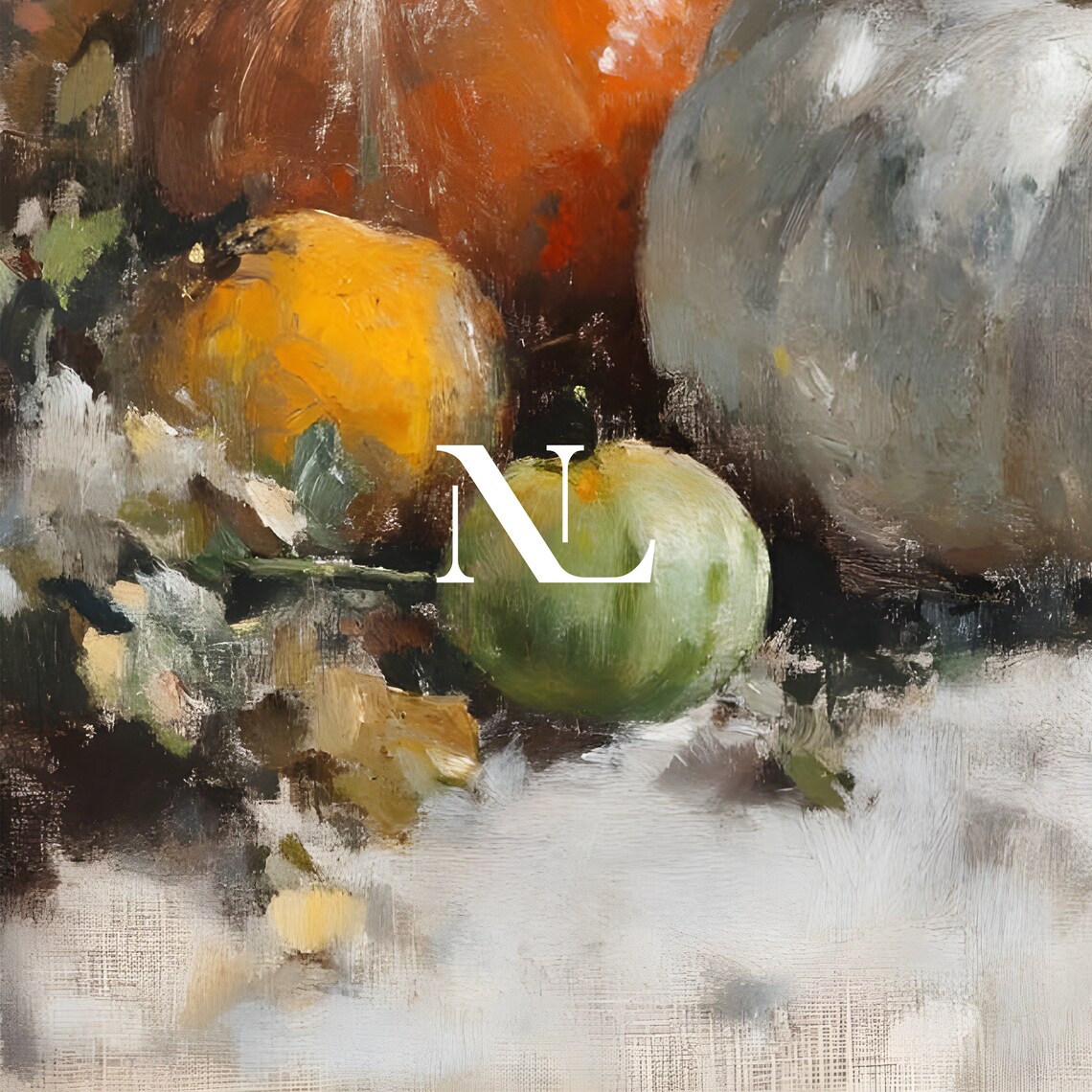 White Pumpkin With Orange Pumpkins And Autumn Leaves Still Life Poster - Image 7