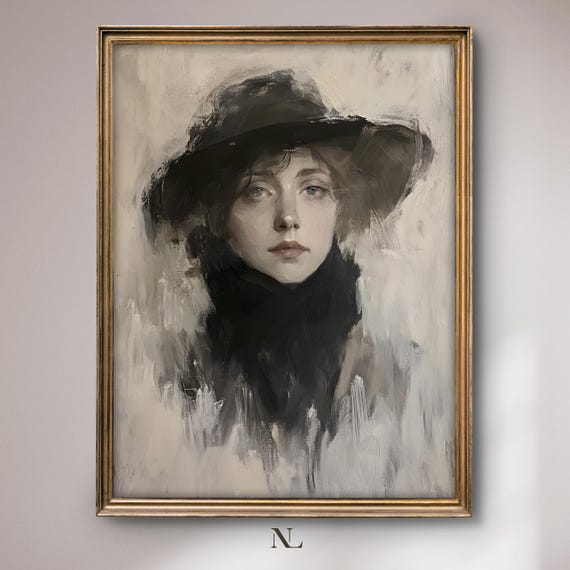 Wall Art Timeless Woman In Hat Moody Home Decor Rustic Vintage Portrait Oil Painting Cosy Farmhouse Impressionist Print