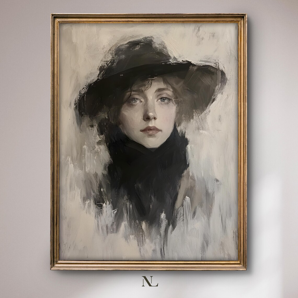 Woman In Black Hat Moody Monochrome Impressionist Portrait Poster