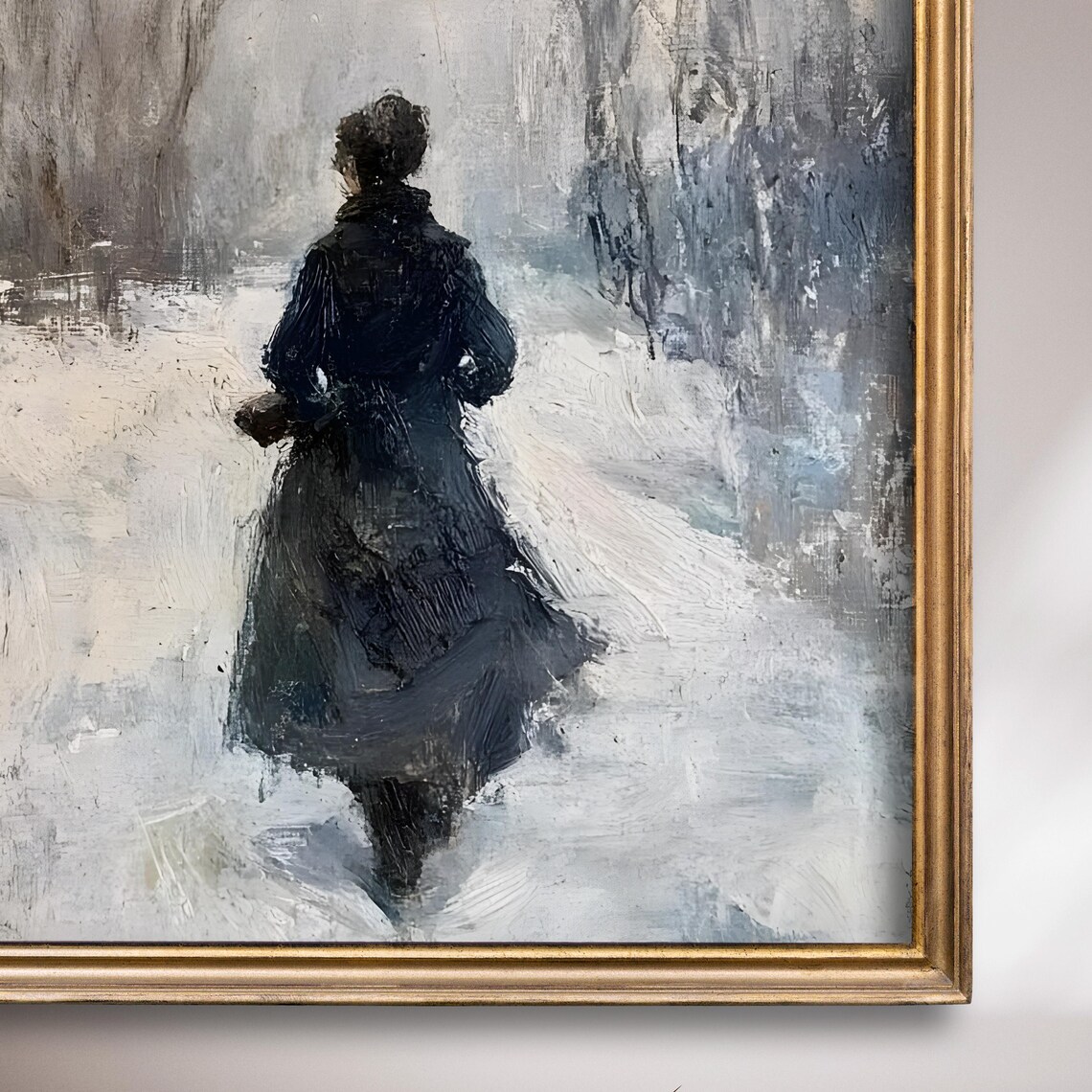 Woman Walking Snowy Path In Winter Coat Moody Rustic Landscape Poster - Image 7
