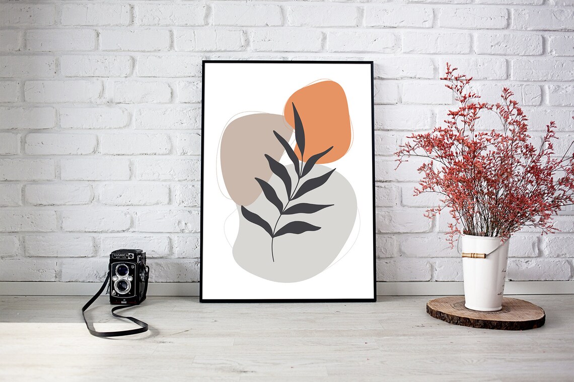 Black Leaf Branch Organic Shapes Beige Orange Grey Minimal Poster - Image 2