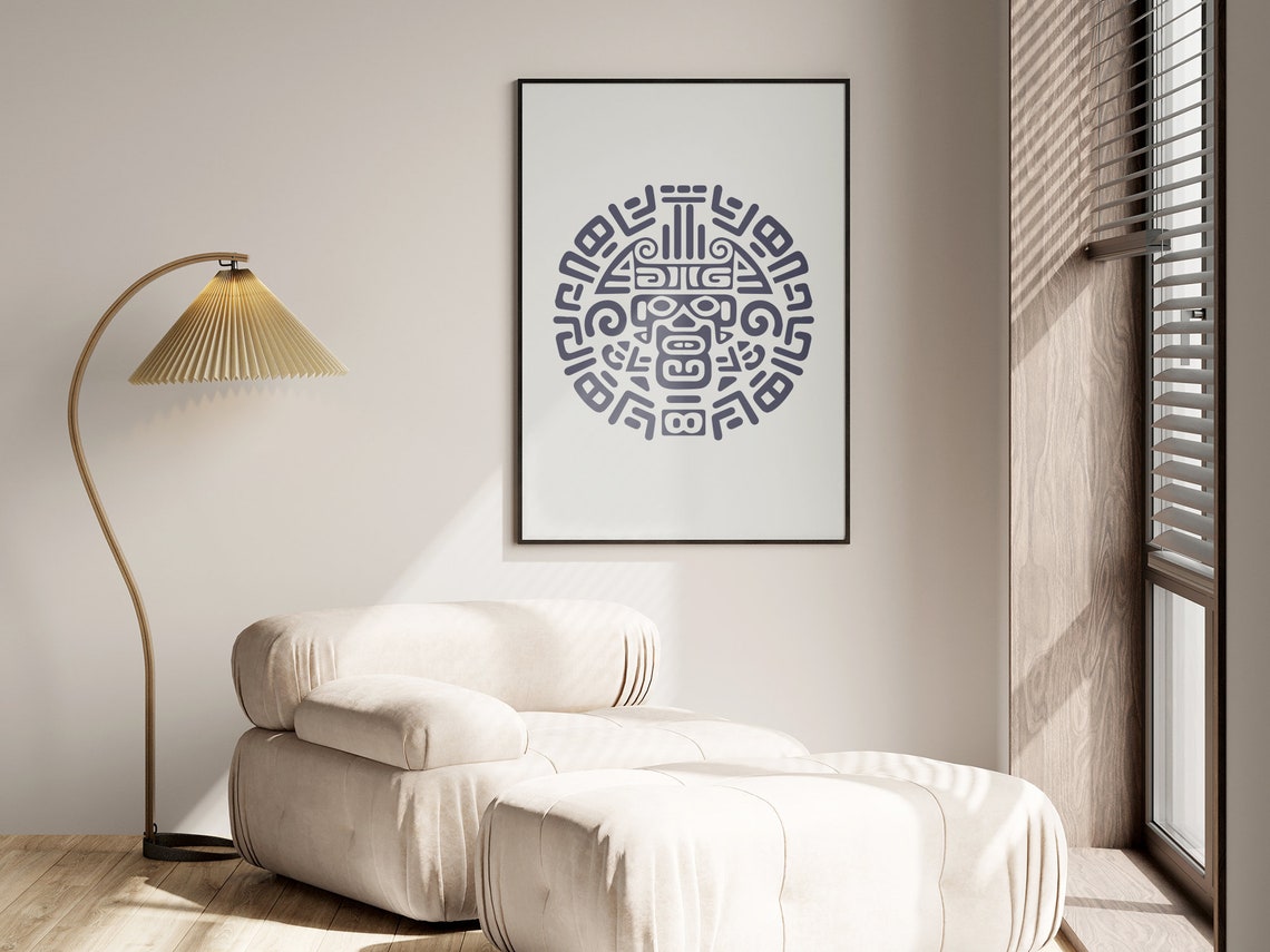 Mayan Glyph Circle Tribal Mask Motif Boho Minimalist Wall Art - Image 2