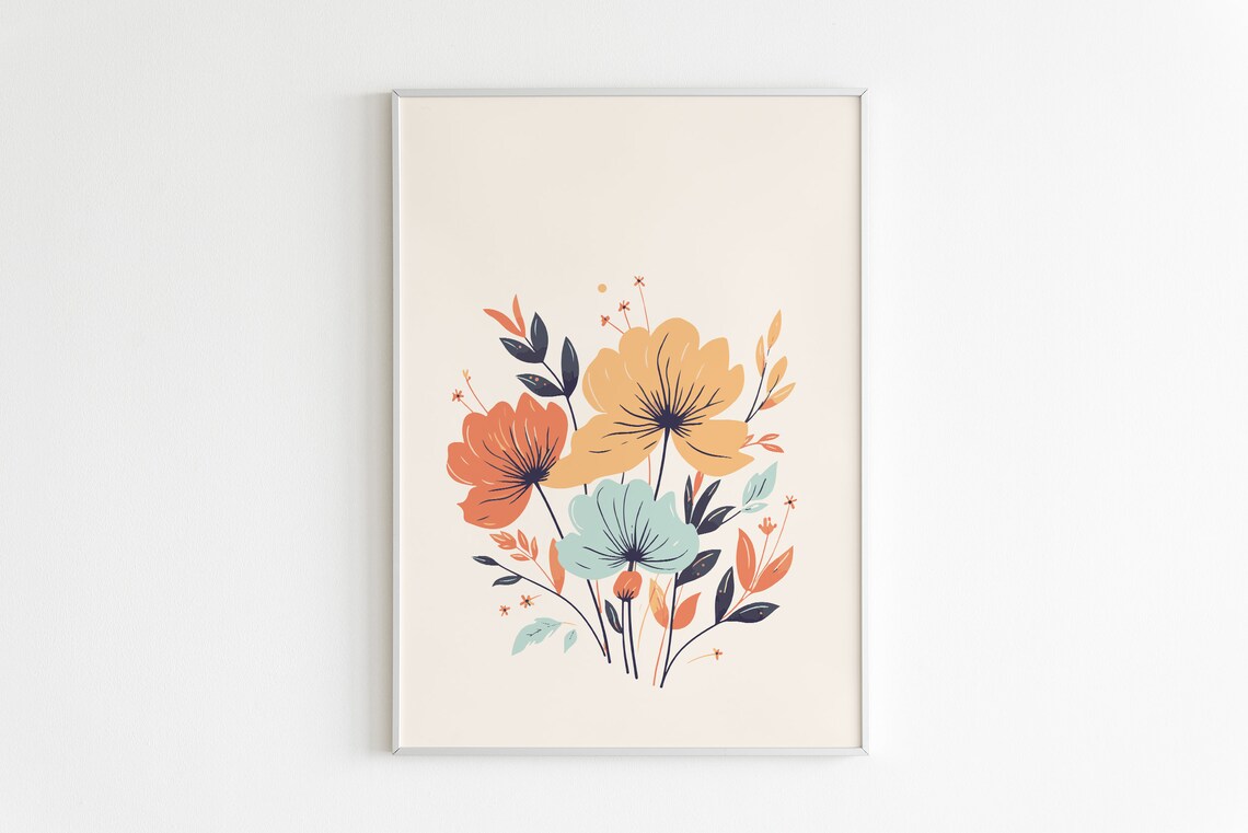 Retro Floral Bouquet Coral Mustard Teal Vintage Botanical Poster - Image 2