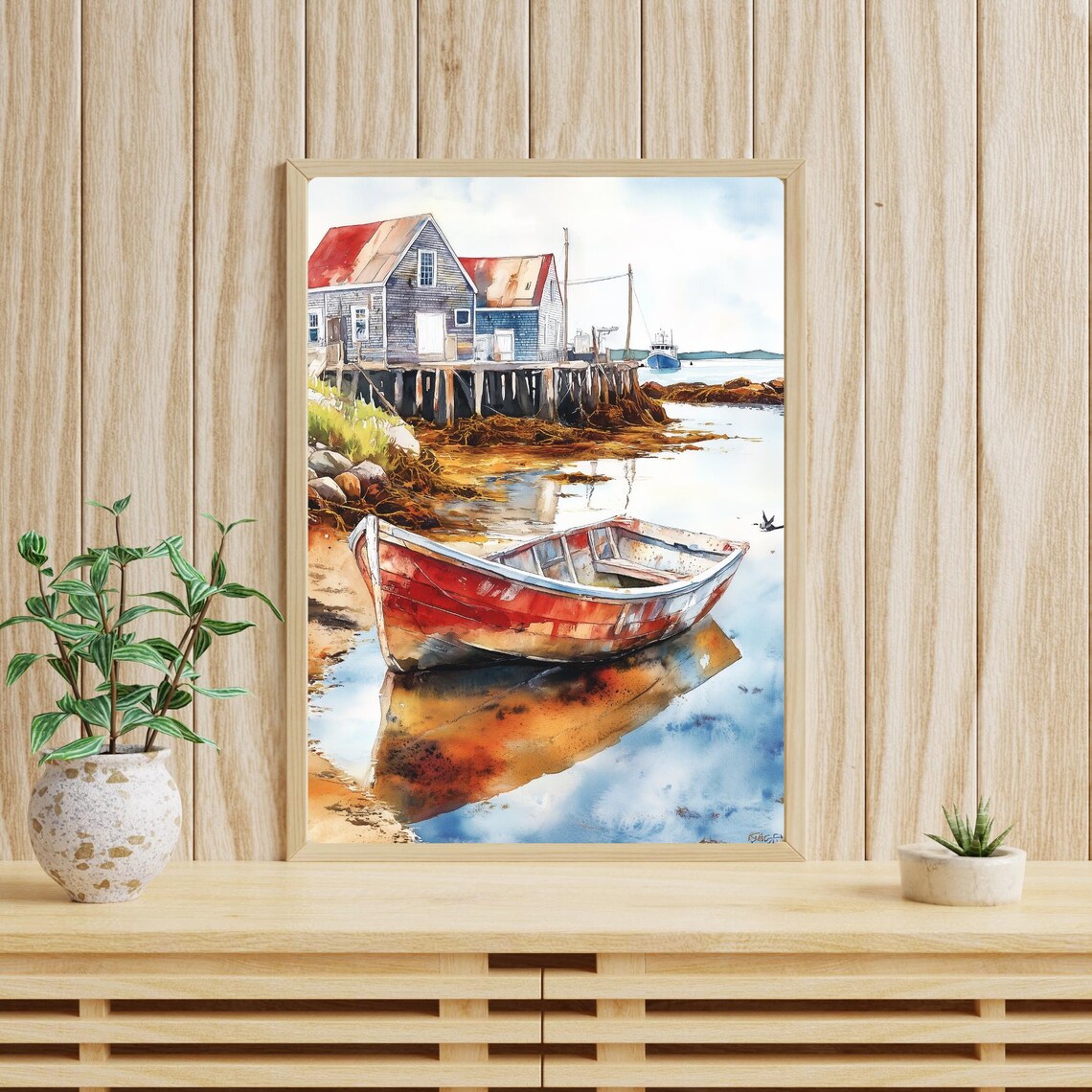 Fishing Village Watercolor Coastal Scene Art Print - Image 5