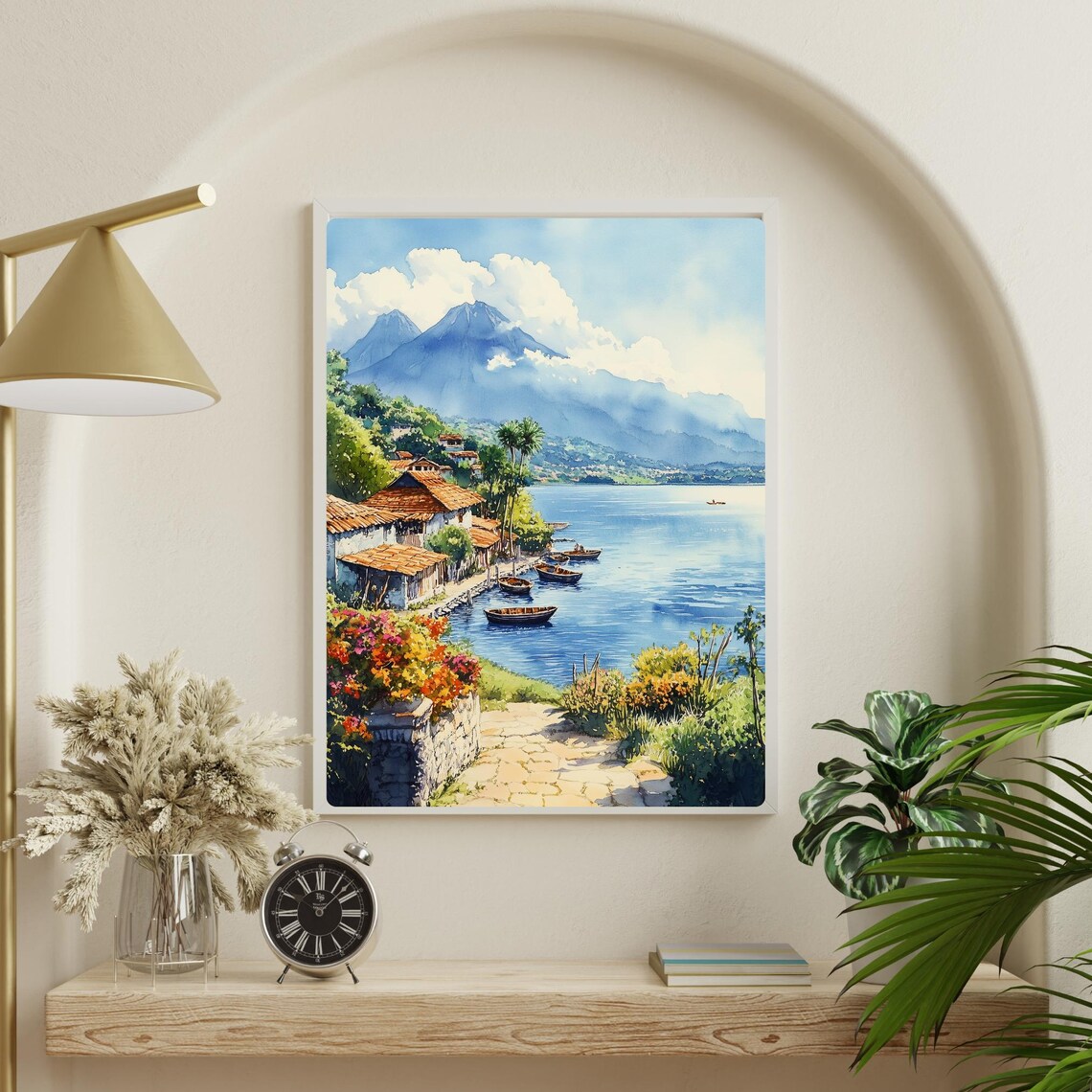 Lake Atitlan Fishing Village Wooden Boats Volcano Watercolor Poster - Image 3