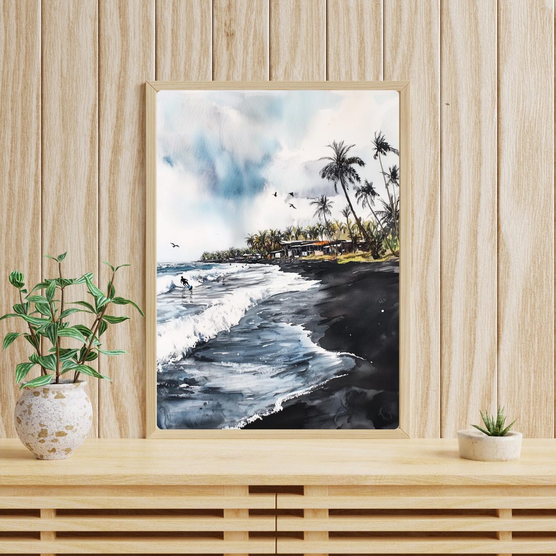 Monterrico Black Sand Beach Art Print Guatemala Coastal Painting Dramatic Beach Wall Decor Surfing Art Palm Trees - Image 4