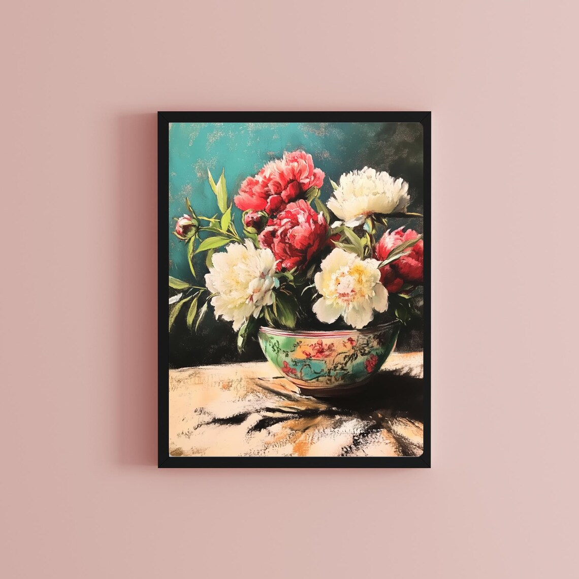 Red and White Peonies in Chinoiserie Bowl Floral Still Life Poster - Image 2