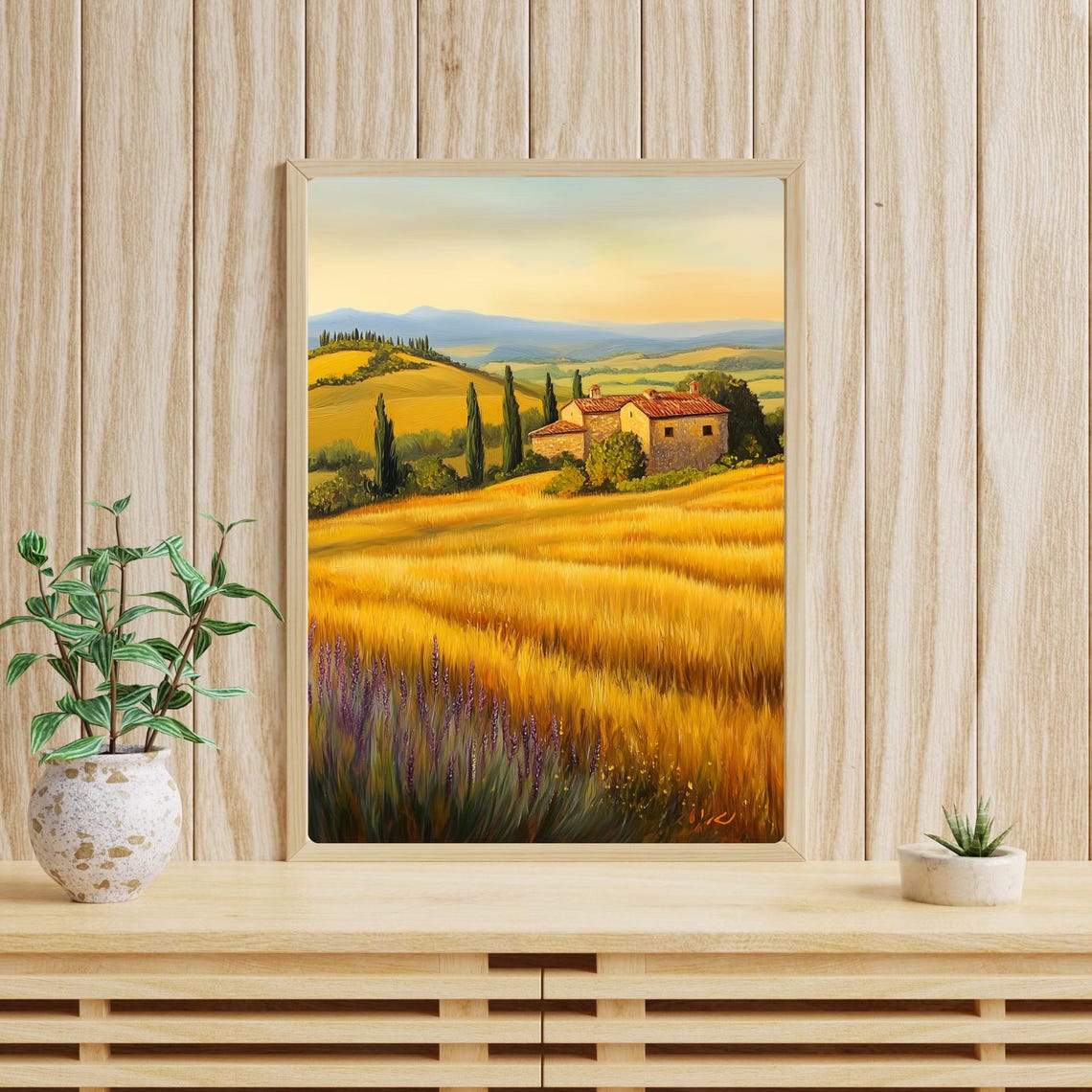 Tuscan Stone Farmhouse Among Golden Wheat Fields at Dusk Poster - Image 4