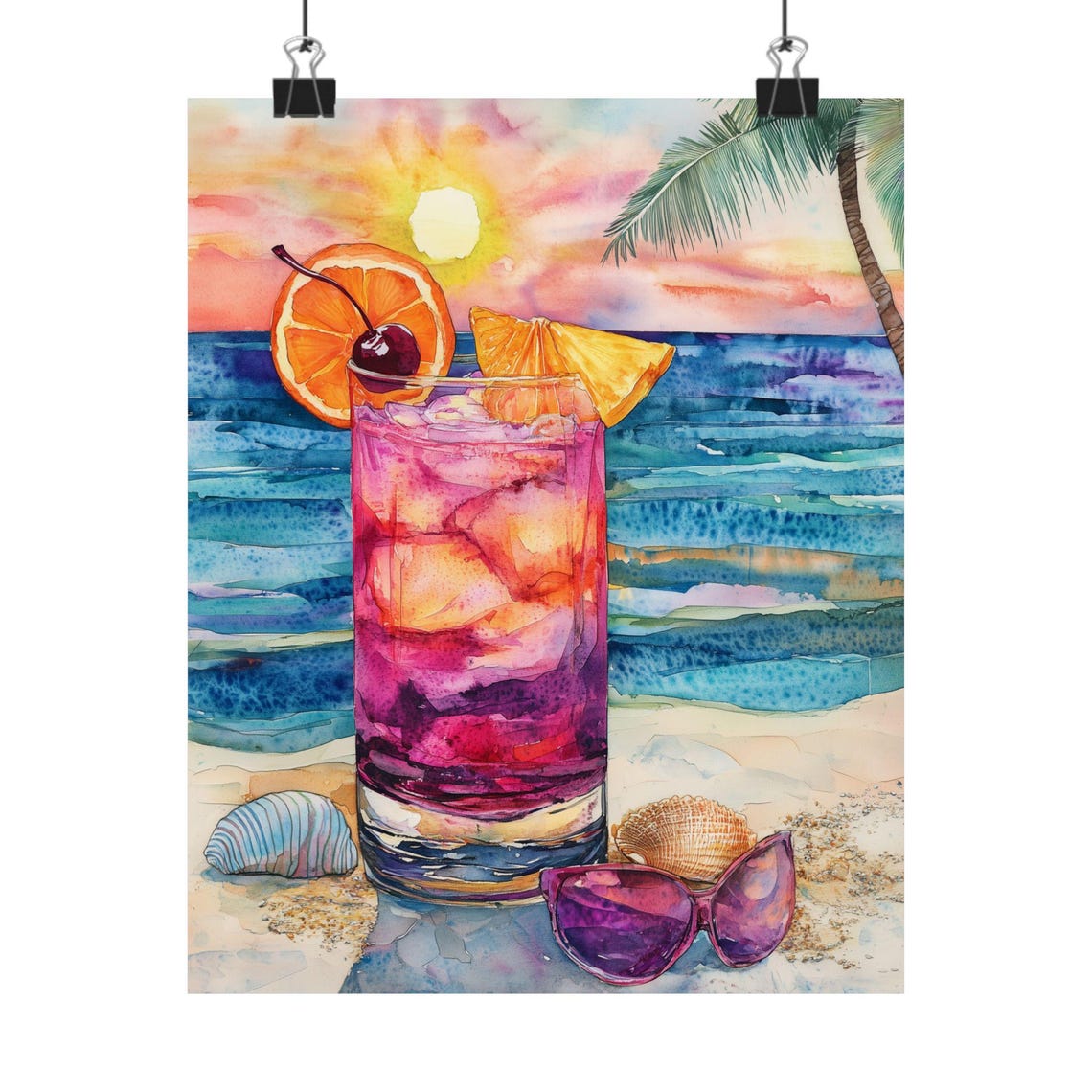 Pink Tropical Cocktail with Orange on a Beach at Sunset Poster