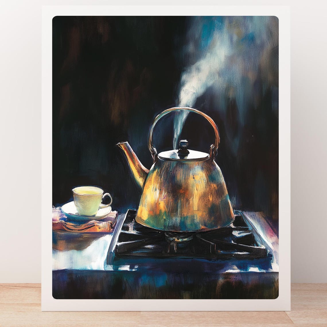 Steaming Copper Kettle on a Stove in a Moody Dark Kitchen Poster - Image 5