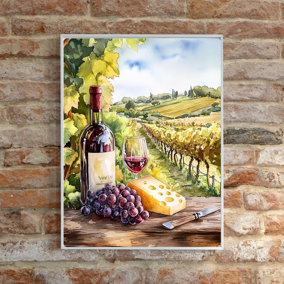 Vineyard Wine Bottle Cheese Grapes Still Life Watercolor Poster - Image 6