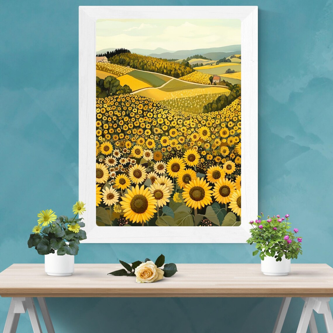 Tuscan Sunflower Field Rolling Countryside Farm Landscape Poster - Image 2