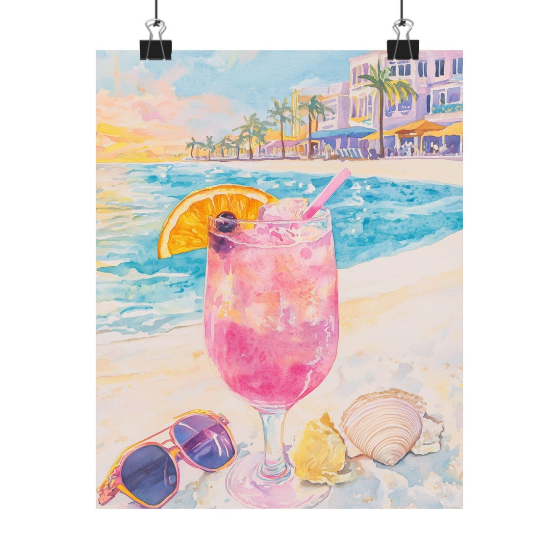 Pink Rum Runner Cocktail on a Sunny Beachfront Resort Poster