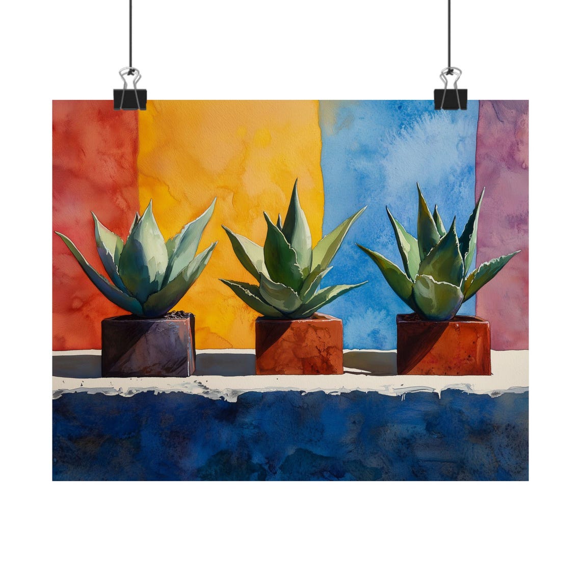 Three Potted Agaves Bold Color Block Watercolor Botanical Wall Poster