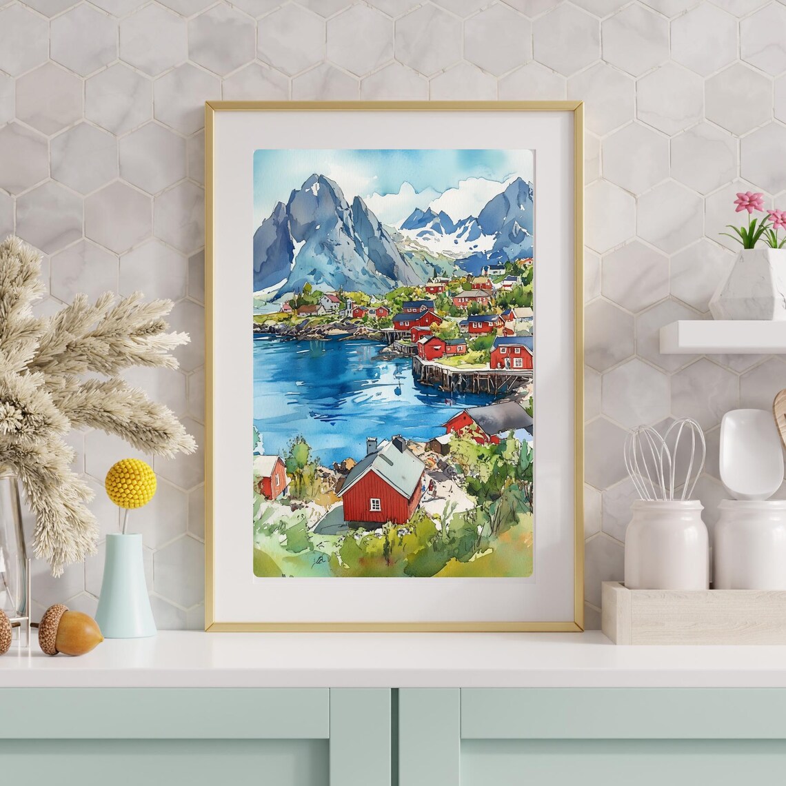 Reine Norway Lofoten Islands Red Cabins Fjord Watercolor Poster - Image 4