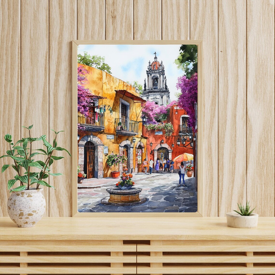 Colorful Coyoacan Plaza with Church Tower and Flower Fountain Poster - Image 4
