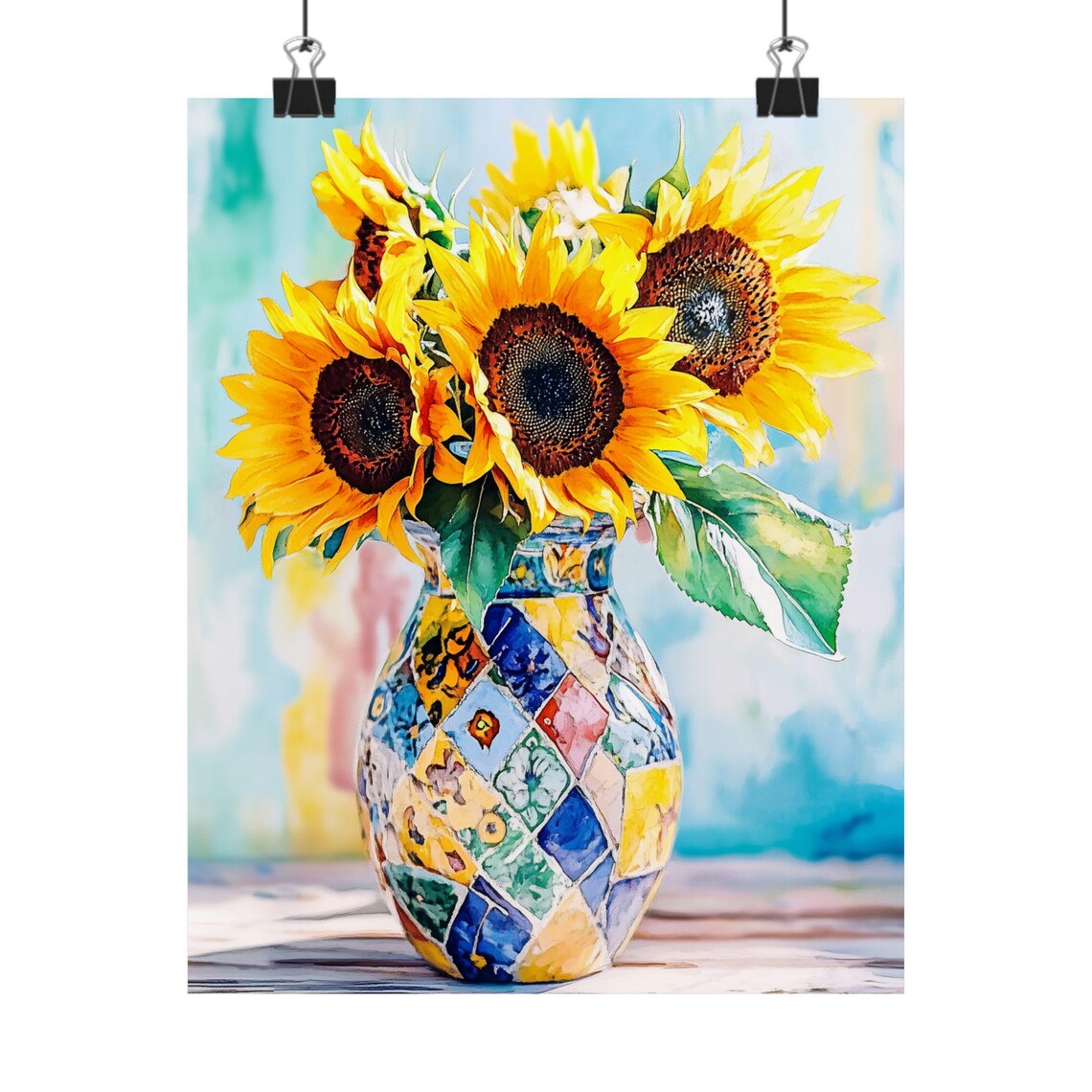 Sunflower Bouquet in Colorful Mosaic Vase Sunny Floral Poster