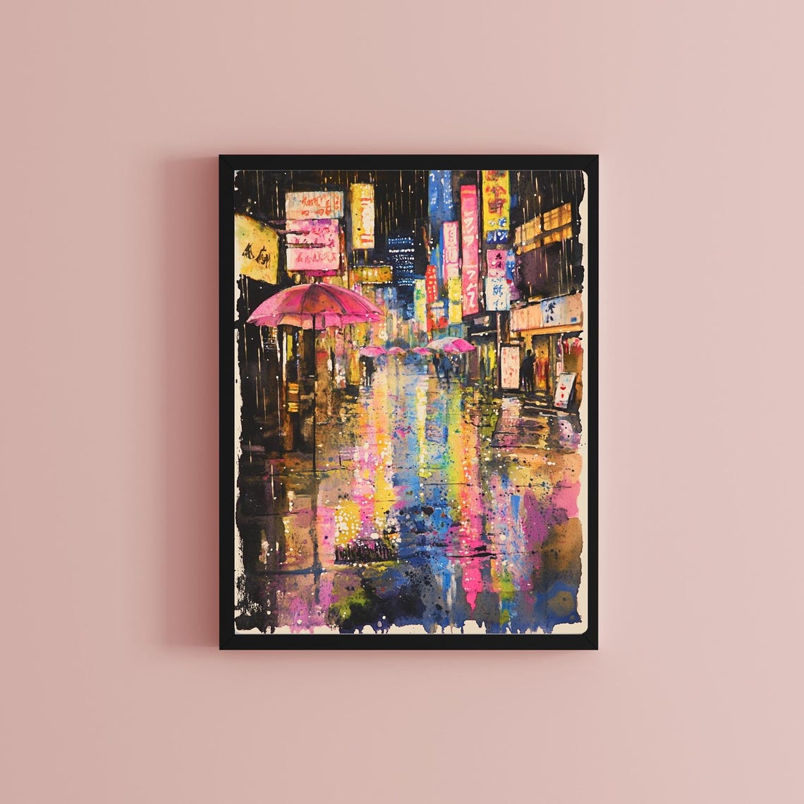Tokyo Street Art Rainy Night Watercolor Painting Neon Lights City Print Umbrellas Scene Wall Decor Urban Japan Art Abstract Art - Image 2