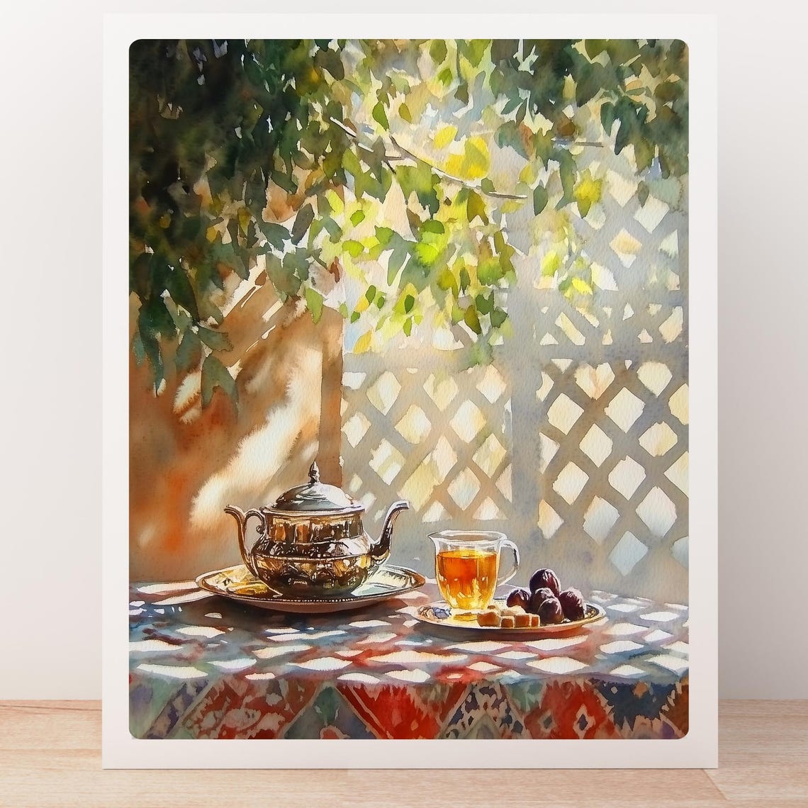 Moroccan Mint Tea Silver Teapot Sunlit Still Life Watercolor Poster - Image 4