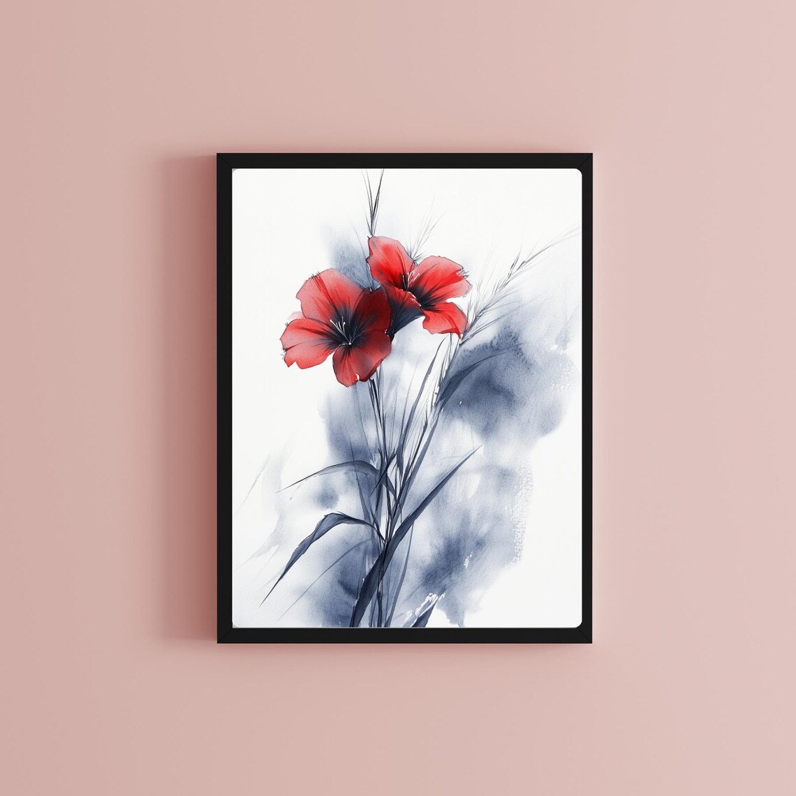 Red Blossom Ink Wash Painting in Minimalist Floral Style Print - Image 2