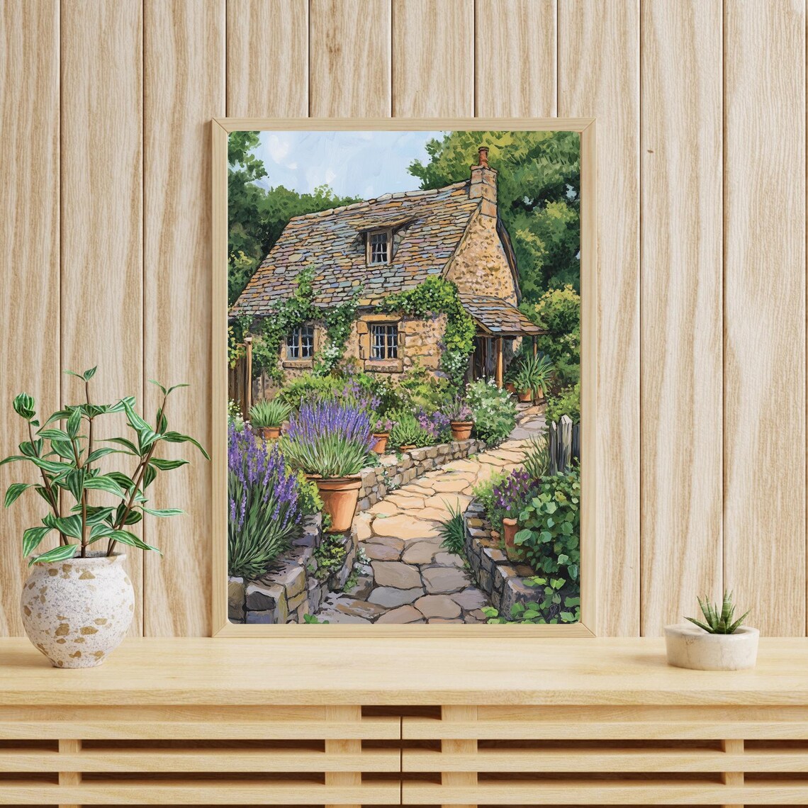 Charming Stone Cottage with Lavender Garden Path and Pots Poster - Image 4