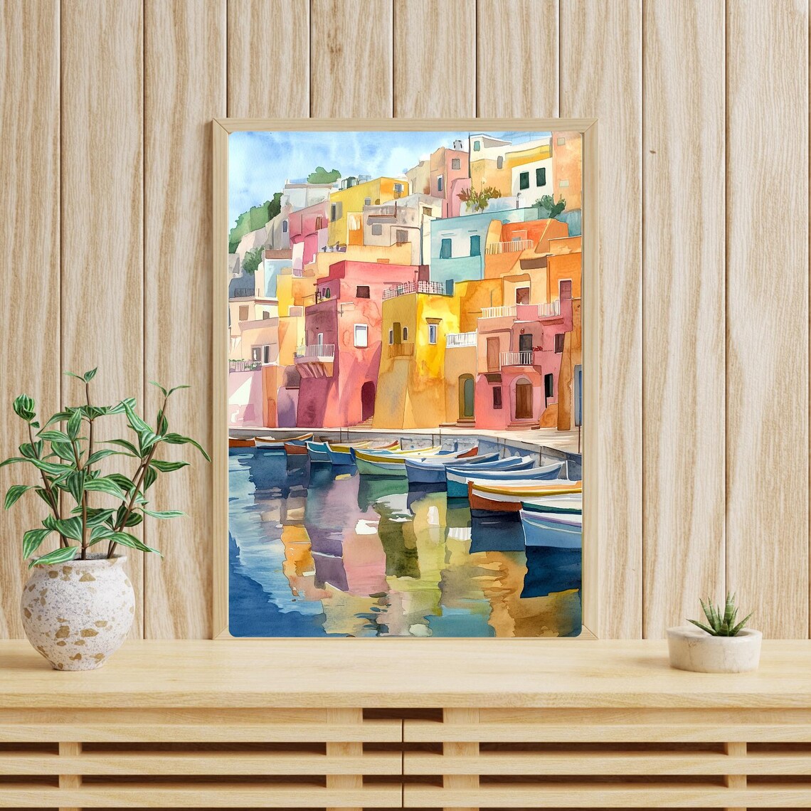 Procida Italy Colorful Harbor Houses Boats Watercolor Poster - Image 3
