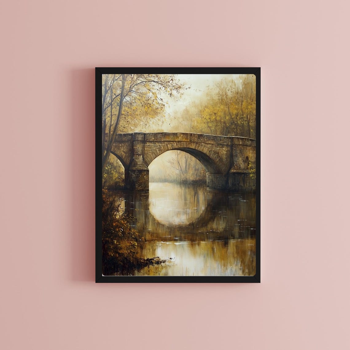Old Stone Bridge Autumn River Reflection Oil Painting Poster - Image 2