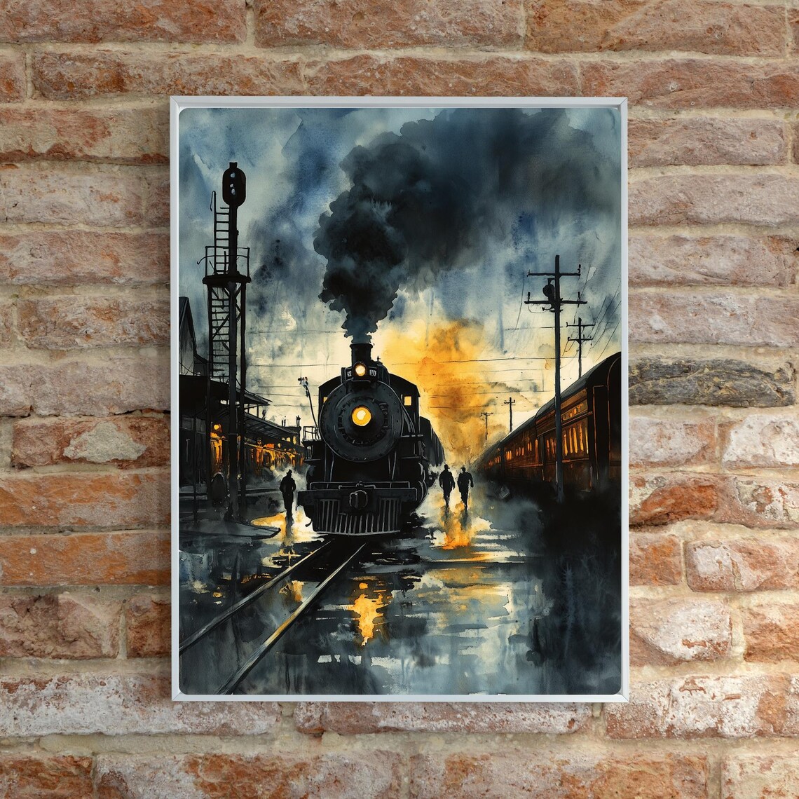 Steam Locomotive Departing a Rainy Night Railway Station Poster - Image 6