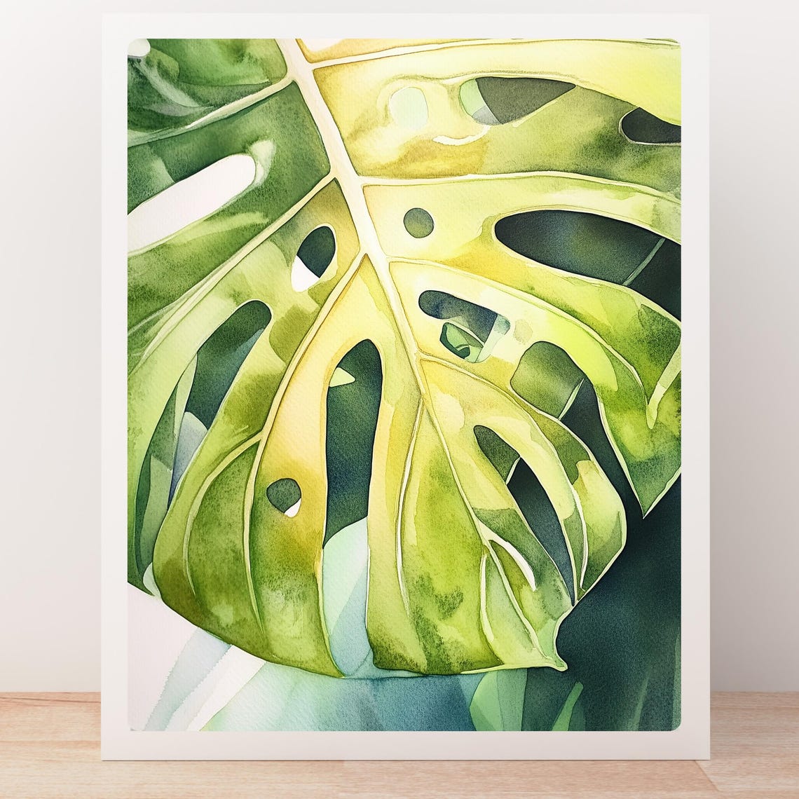 Close-Up Monstera Leaf in Green and Yellow Watercolor Poster - Image 5