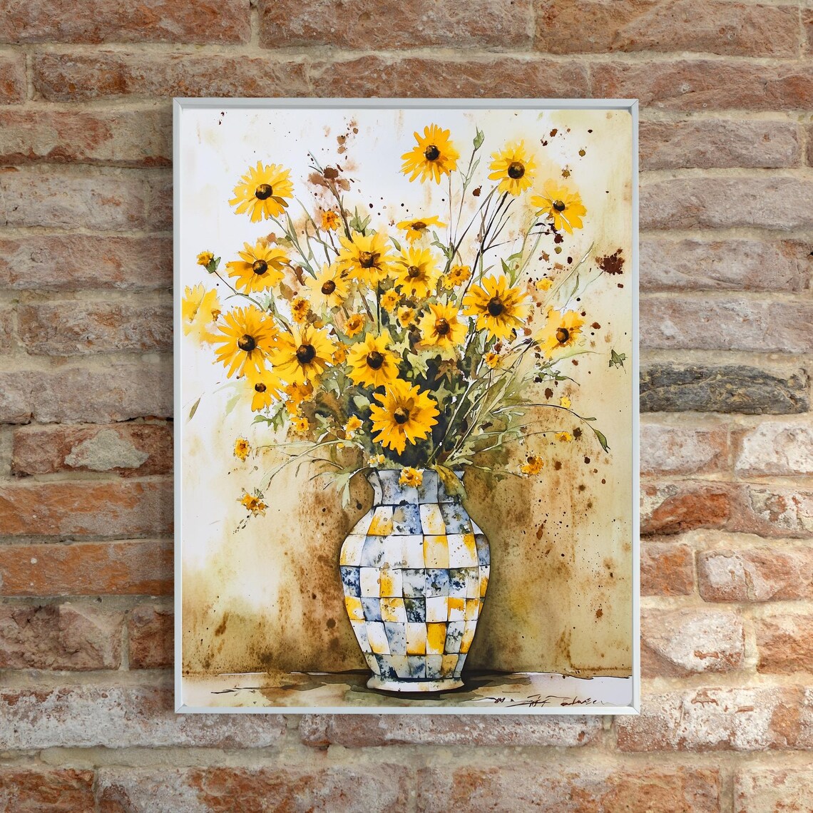 Yellow Daisy Bouquet in Checkered Blue Yellow Vase Watercolor Poster - Image 2
