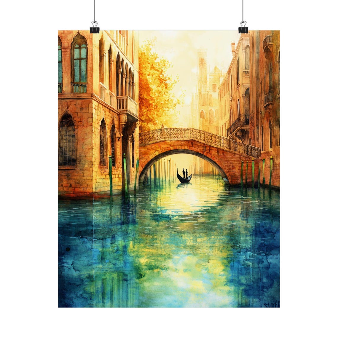 Venice Canal Sunset Golden Hour Bridge Gondola Water Reflection Poster