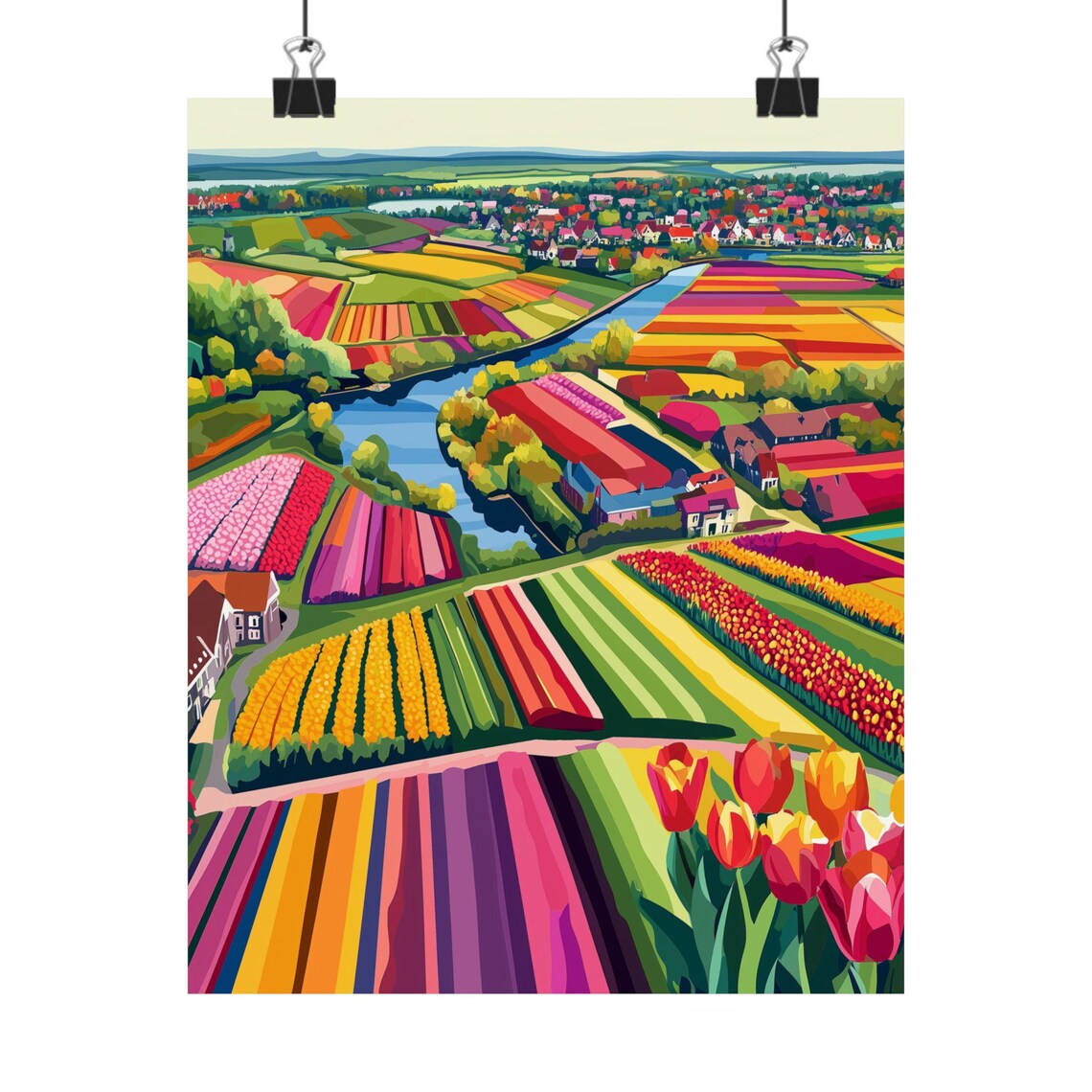 Netherlands Tulip Flower Fields Aerial Canal Countryside Poster