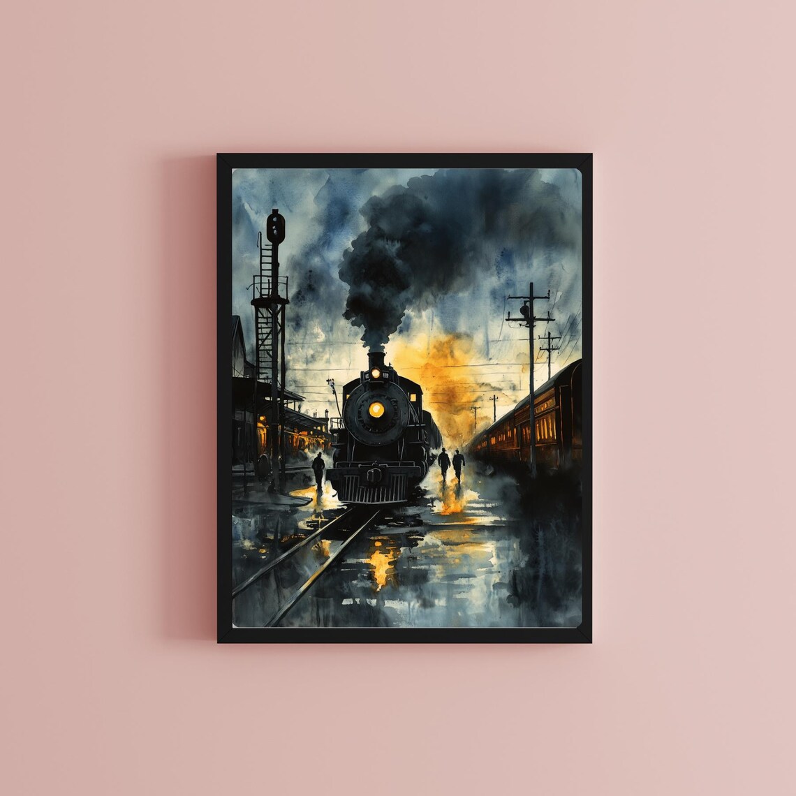 Steam Locomotive Departing a Rainy Night Railway Station Poster - Image 2