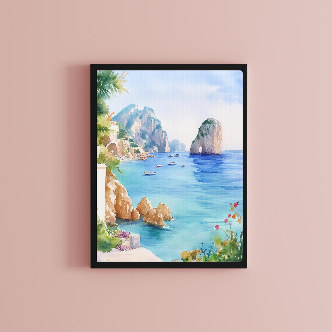Capri Italy Faraglioni Rocks Turquoise Sea Watercolor Poster - Image 2