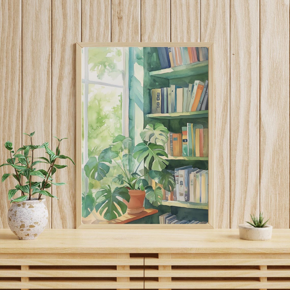 Monstera Plant Window Reading Corner Bookshelf Watercolor Poster - Image 4