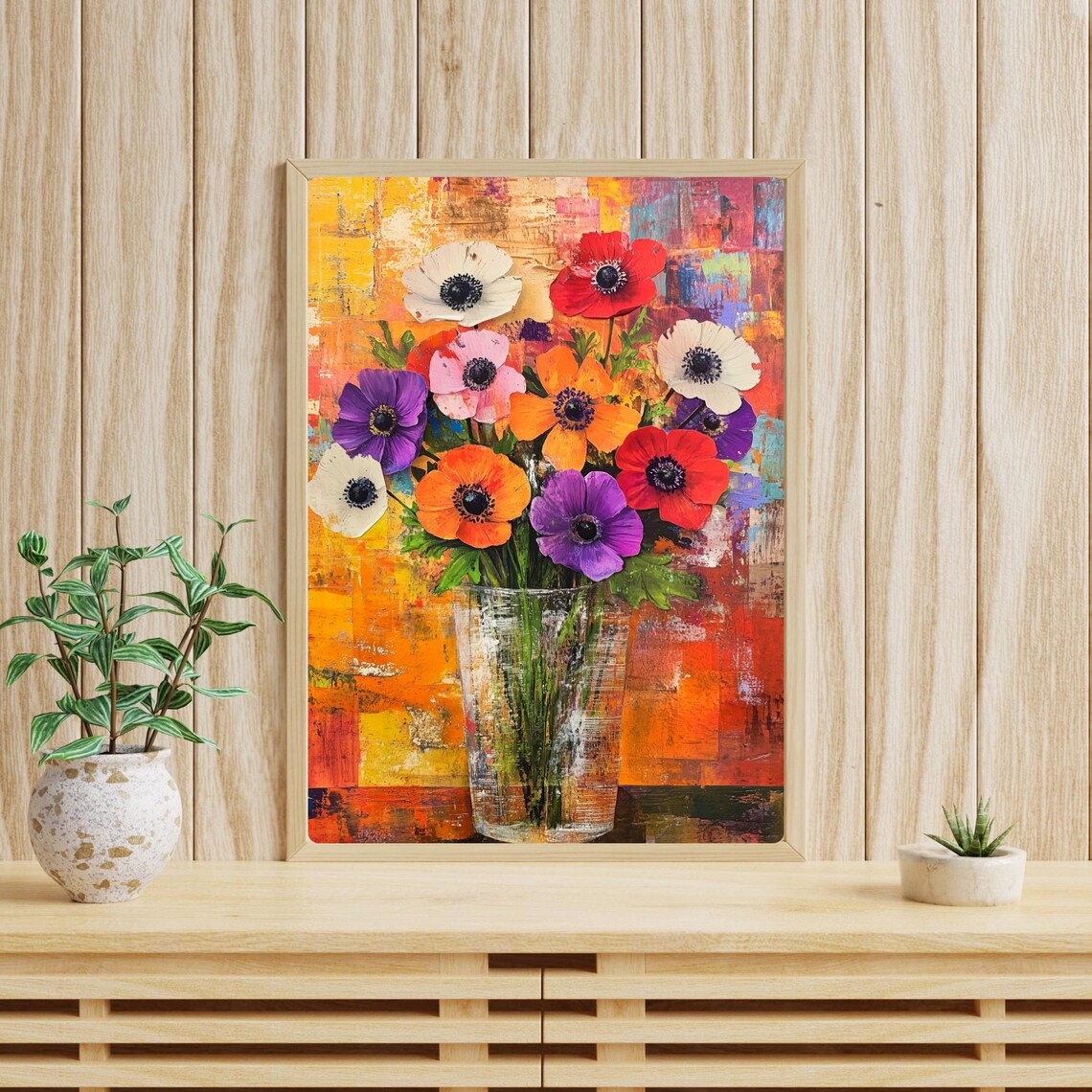 Colorful Anemone Bouquet in Glass Vase Textured Still Life Poster - Image 3