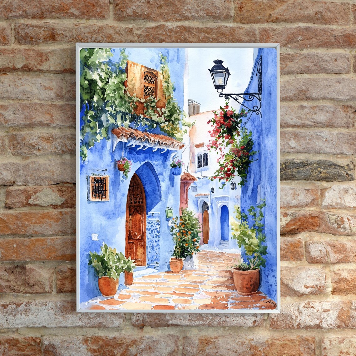 Chefchaouen Morocco Blue Street with Flowers Watercolor Poster - Image 6