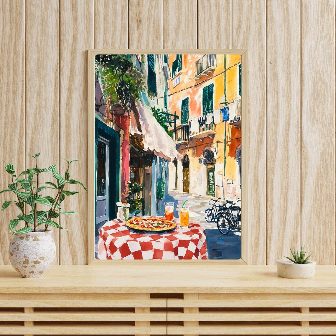 Naples Trattoria Pizza Served on a Checkered Tablecloth Print - Image 4