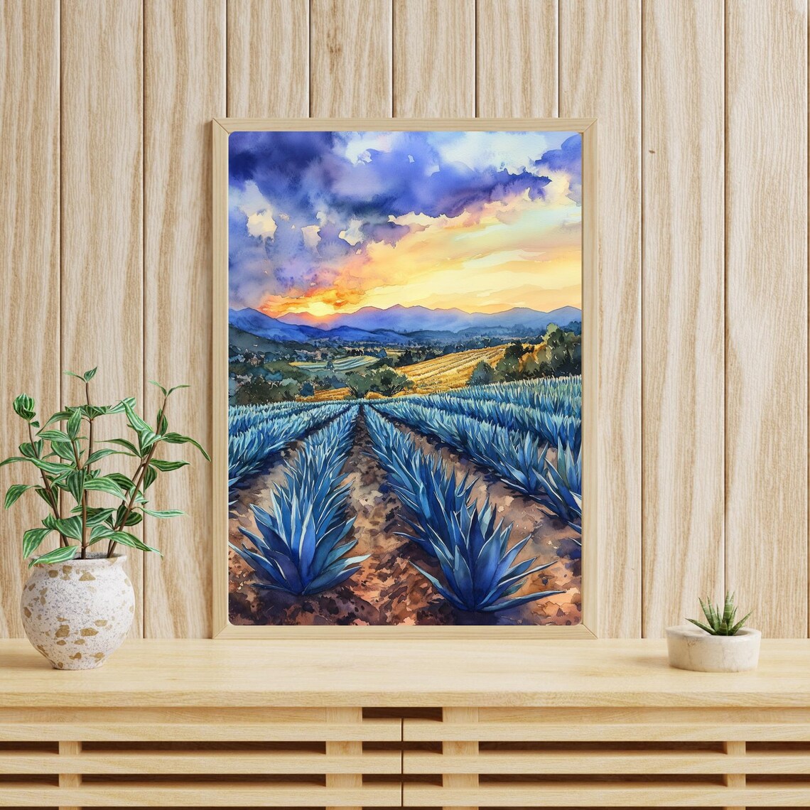 Agave Farm Sunset Watercolor, Mexican Landscape Art - Image 4