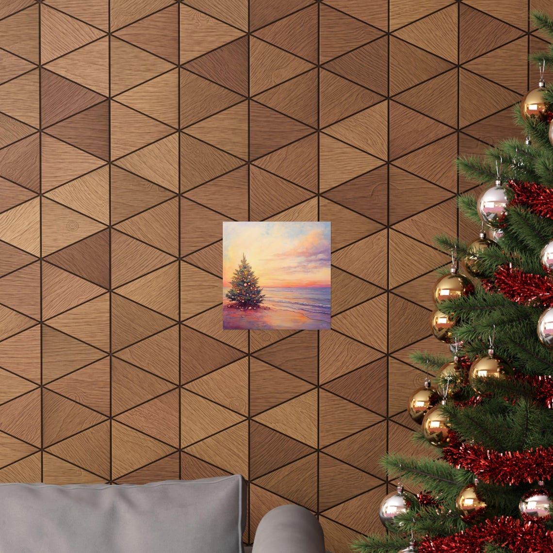Decorated Christmas Tree on Beach at Sunset Watercolor Poster - Image 2