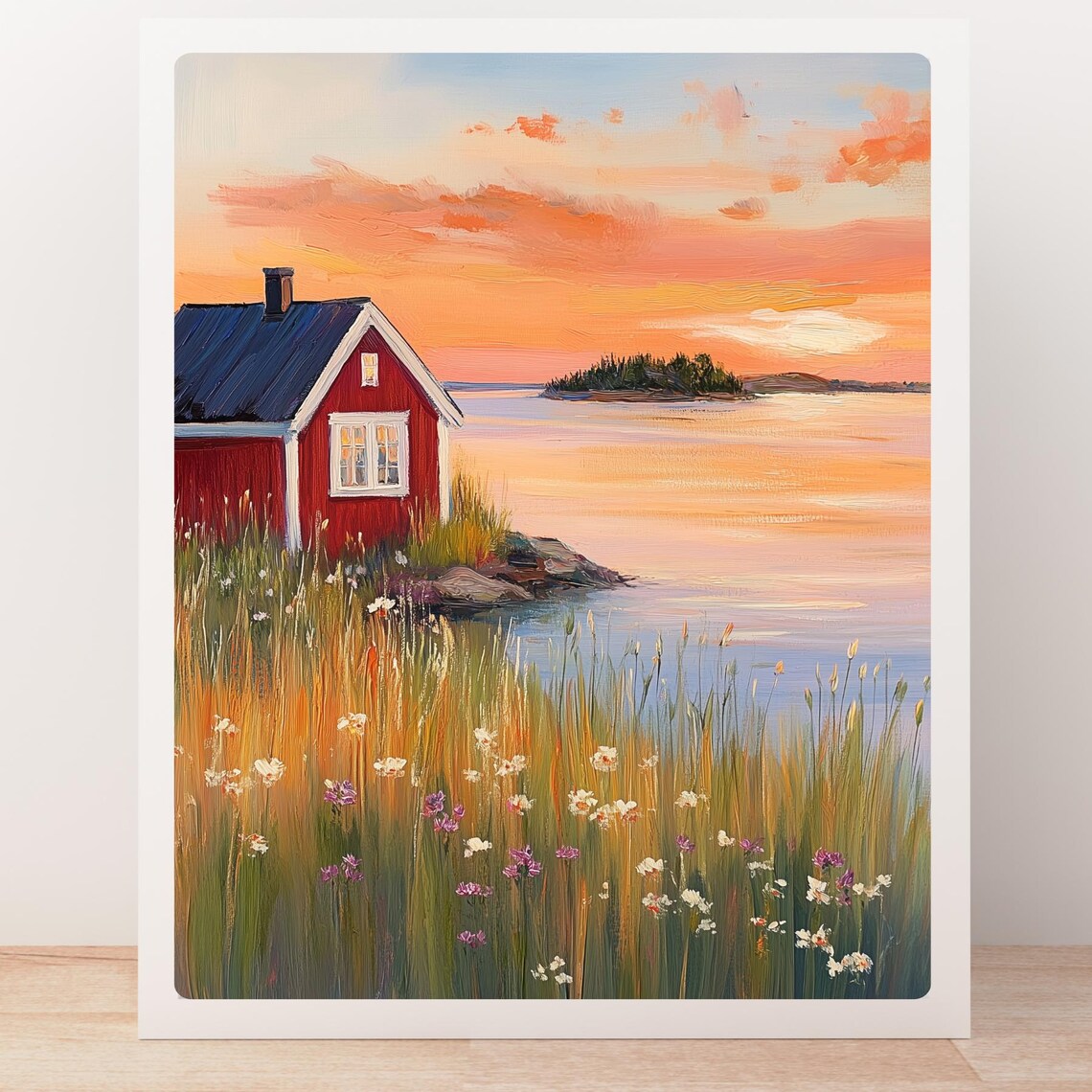 Classic Red Coastal Cabin at Sunset Wildflowers Calm Sea Poster - Image 5