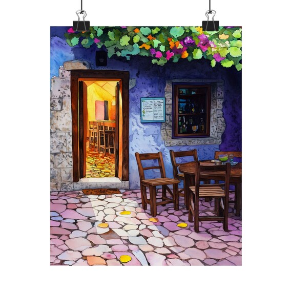 Cobblestone Bistro Patio Nighttime Cafe Terrace Scene Painting Poster