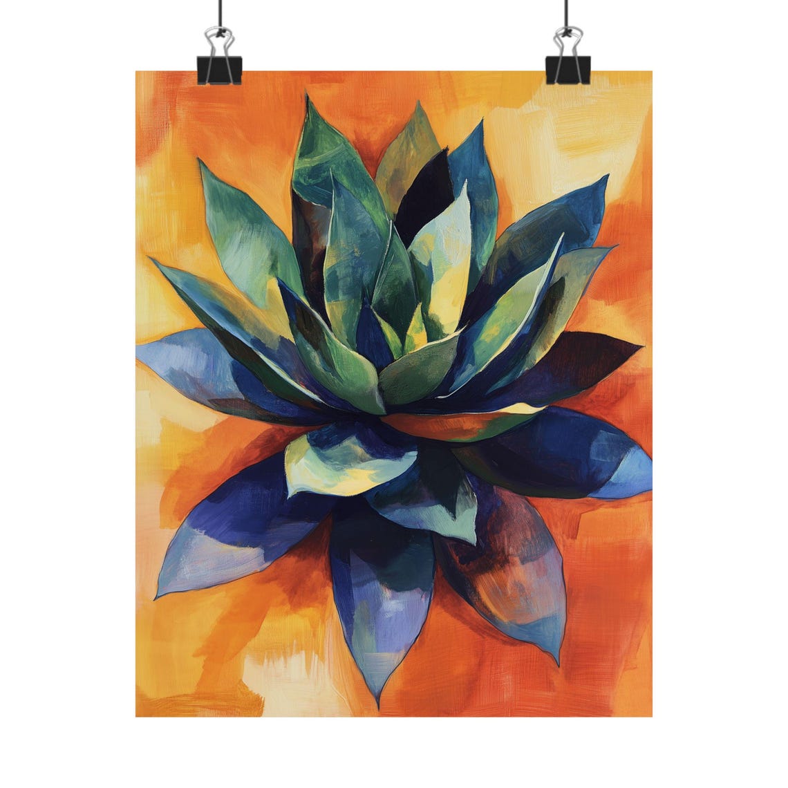 Blue Agave Oil Painting Bold Orange Background Botanical Poster